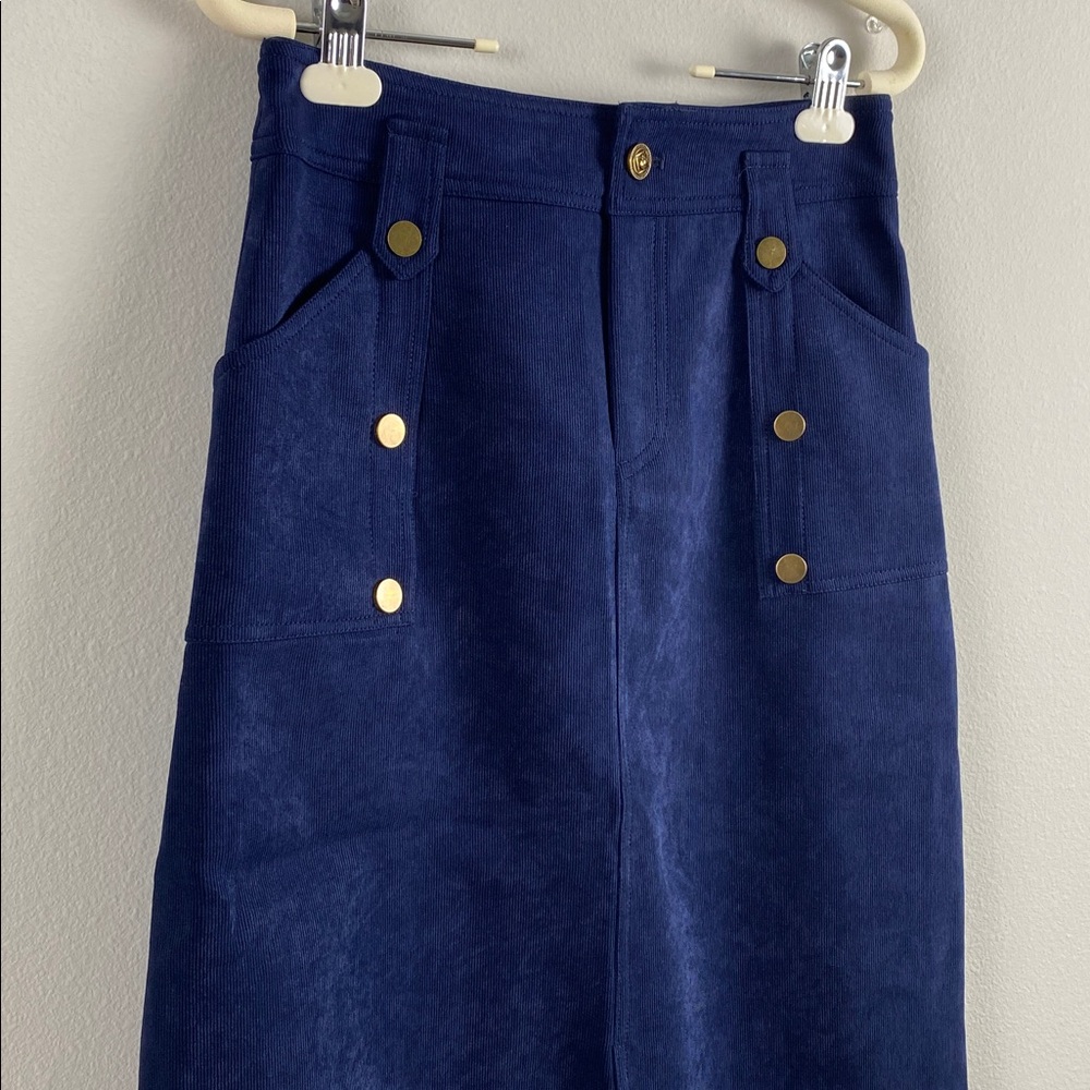 Vee Corduroy Midi Skirt | Lined, Front Slit, 2 Pockets | Navy/Gold - Picture 7 of 15